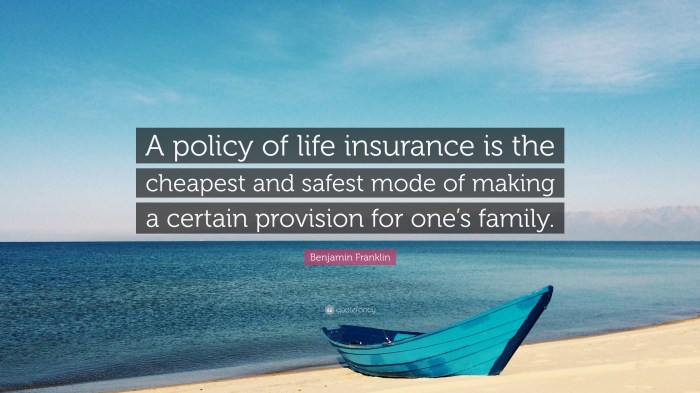Benjamin Franklin Quote: “A policy of life insurance is the cheapest ...